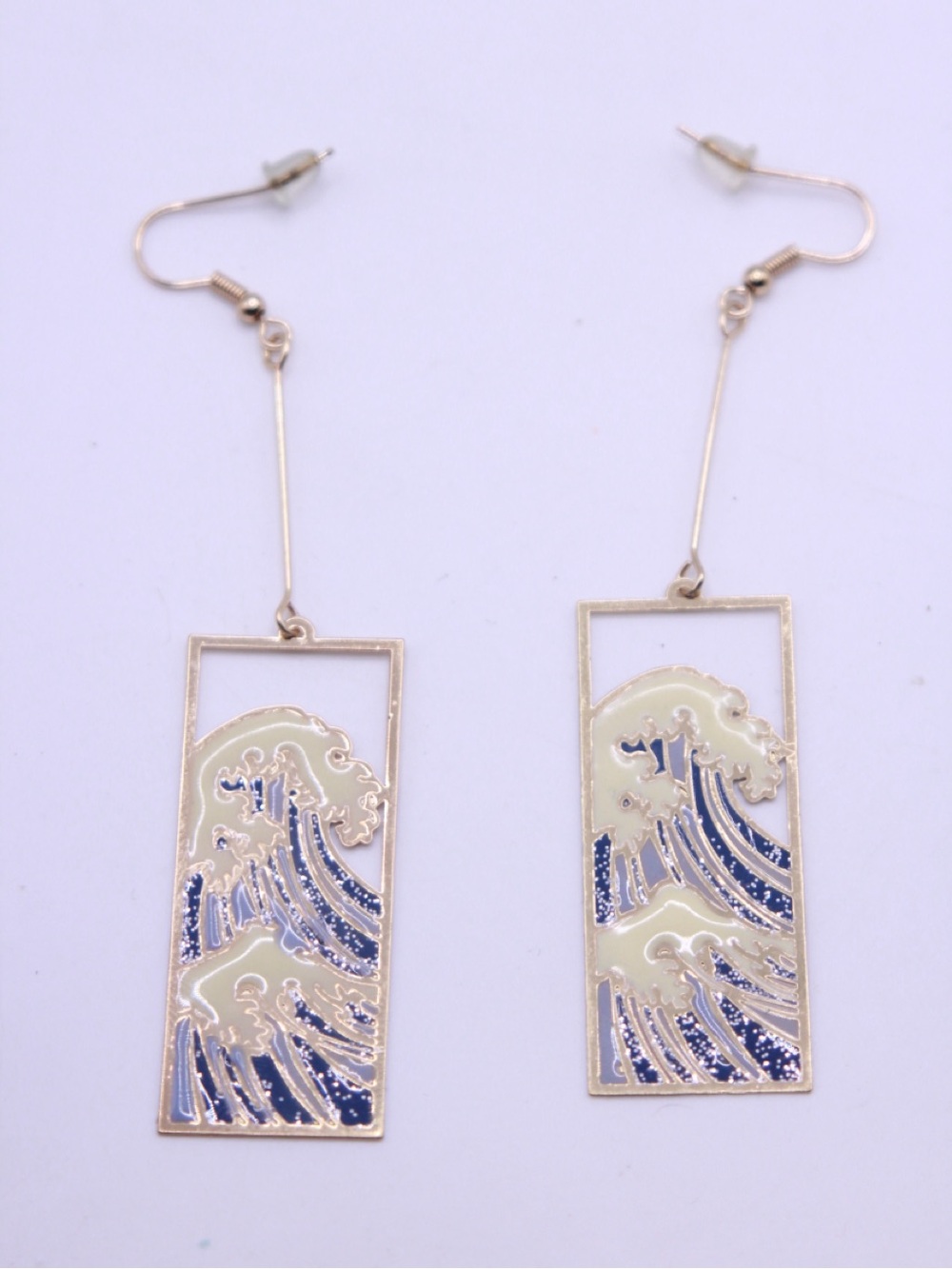 Gold Frame Iconic Great Wave Drop Earrings in Blue and Cream Enamel